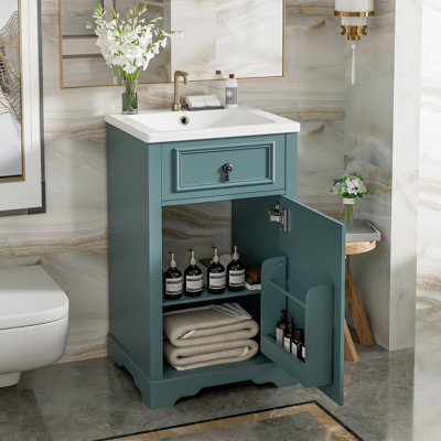 Meuble-lavabo de 20 po avec lavabo en céramique, porte à fermeture en douceur et organisateur de porte pour les essentiels 20 po avec tablette ajustable à fermeture en douceur, support de rangement à fixer sur la porte