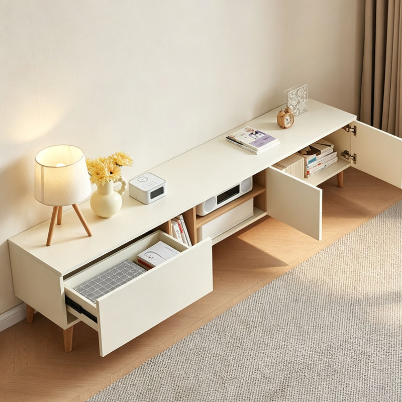 Ensemble de table basse simple et moderne avec rangement pour meuble télé, Crème, Crème