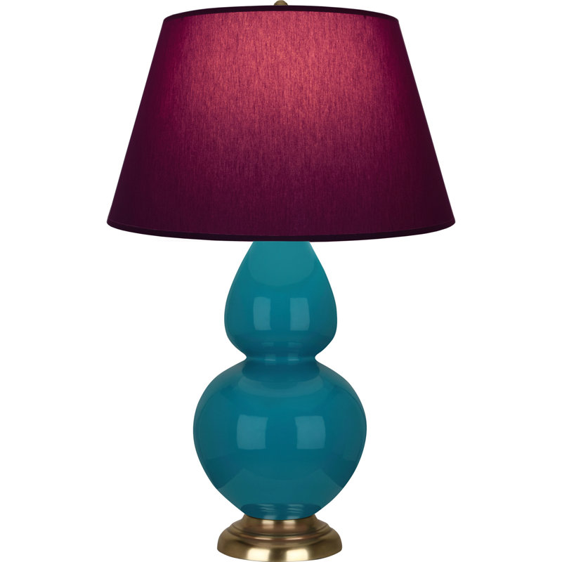 Lampe de table double gourde en céramique, Paon verni / laiton, Prune / lavande, Laiton