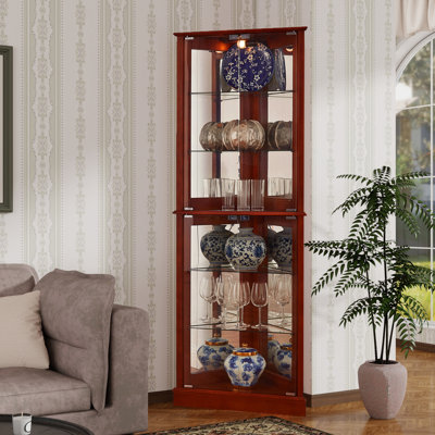 Corner Curio Dispaly Cabinet with Lights, Adjustable Tempered Glass Shelves, Mirrored Back,(E26 light bulb not included)