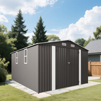 Remise de rangement extérieure 10 x 12 pi, en métal, grise, avec double porte et deux fenêtres, idéale pour la tondeuse à neige dans la cour arrière