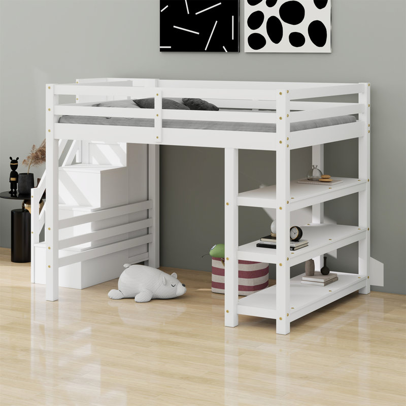 Lit mezzanine avec tablettes, escalier de rangement, petite armoire et lumière DEL, Double
