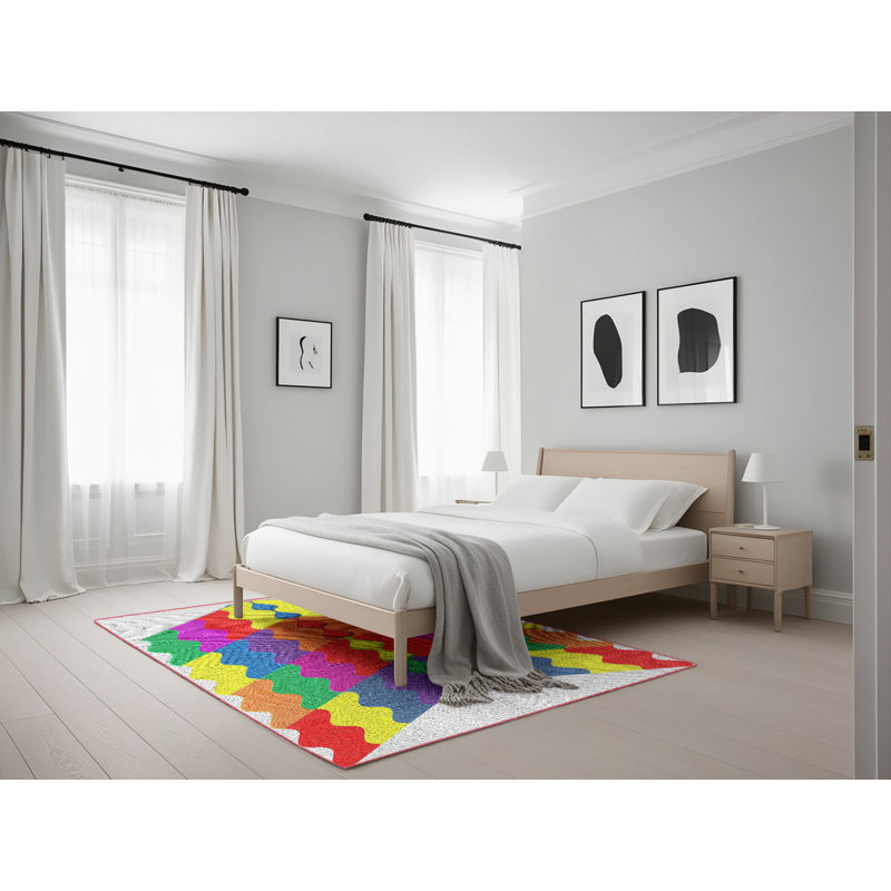 Tapis rouge/jaune/vert à motifs, Rectangle 5 pi x 7 pi