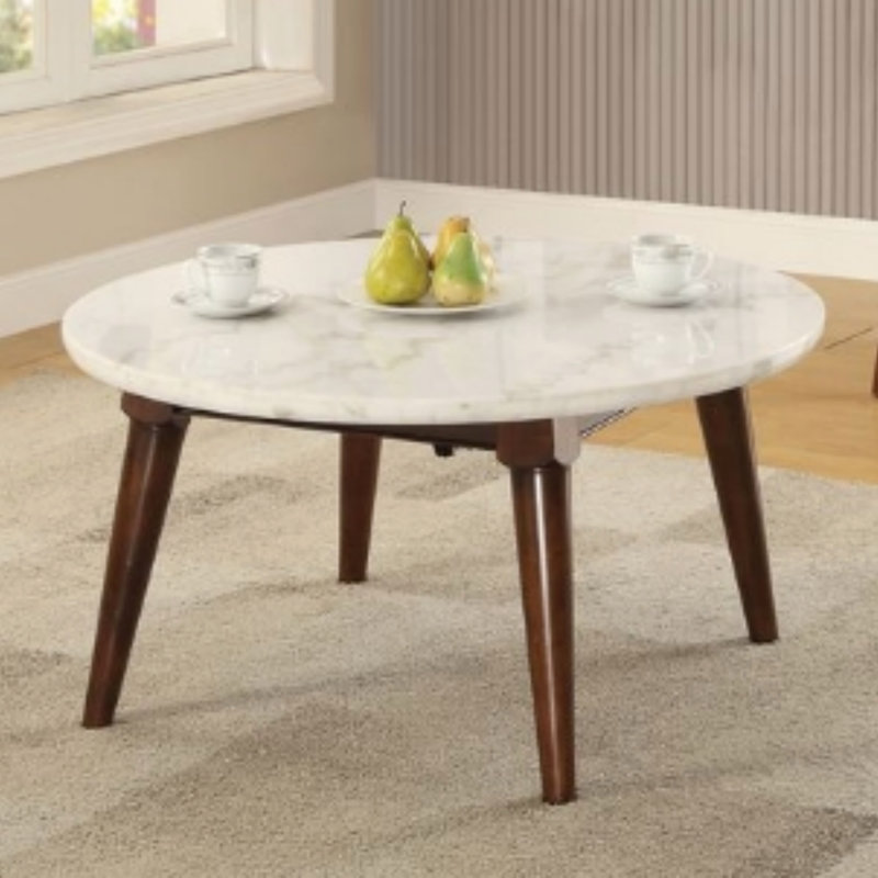 Table basse ronde exquise, plateau en marbre blanc et table basse au fini noyer