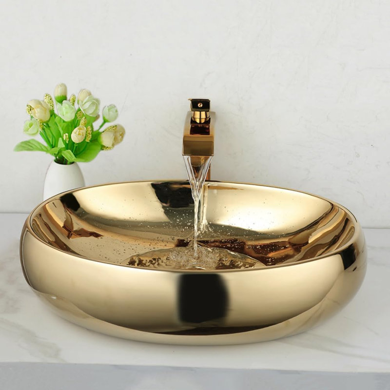 23-Inch Gold Ceramic Bathroom Vessel Sink Combo with Waterfall Faucet & Pop-Up Drain