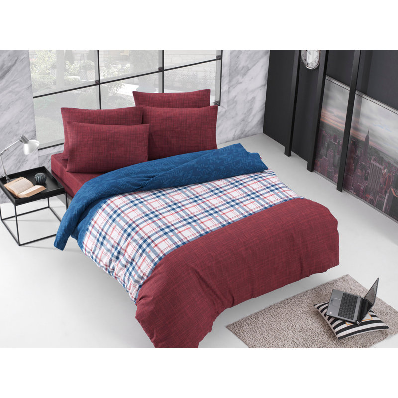 Ensemble de housse de couette en mélange de coton Hartina, Rouge bordeaux / crème / bleu