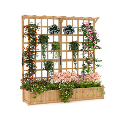 Large Raised Garden Bed with Trellis & Roof, Deep Wooden Planter Box with Privacy Screen for Climbing Plants