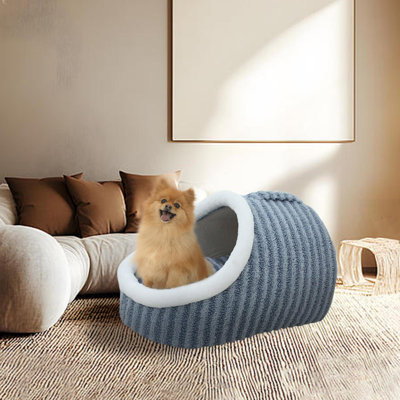 Lit pour chien épaissi 3D chaud 13,8 x 13,8 x 9,8 po avec poignée pour animaux de compagnie, bleu marine