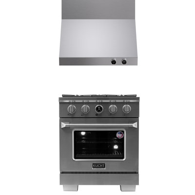 KUCHT 30 In. 4.2 Cu. Ft. 4 Burners Dual Fuel Range For Propane Gas In Stainless Steel + Wall Mount Range Hood