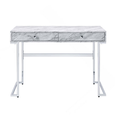 Rectangular Writing Desk With 2 Drawers, Engineered Stone Top And Chrome