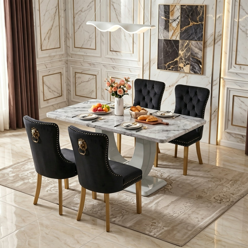 Modern 5-Piece Rectangular Faux Marble Dining Set with Upholstered Chairs, Black