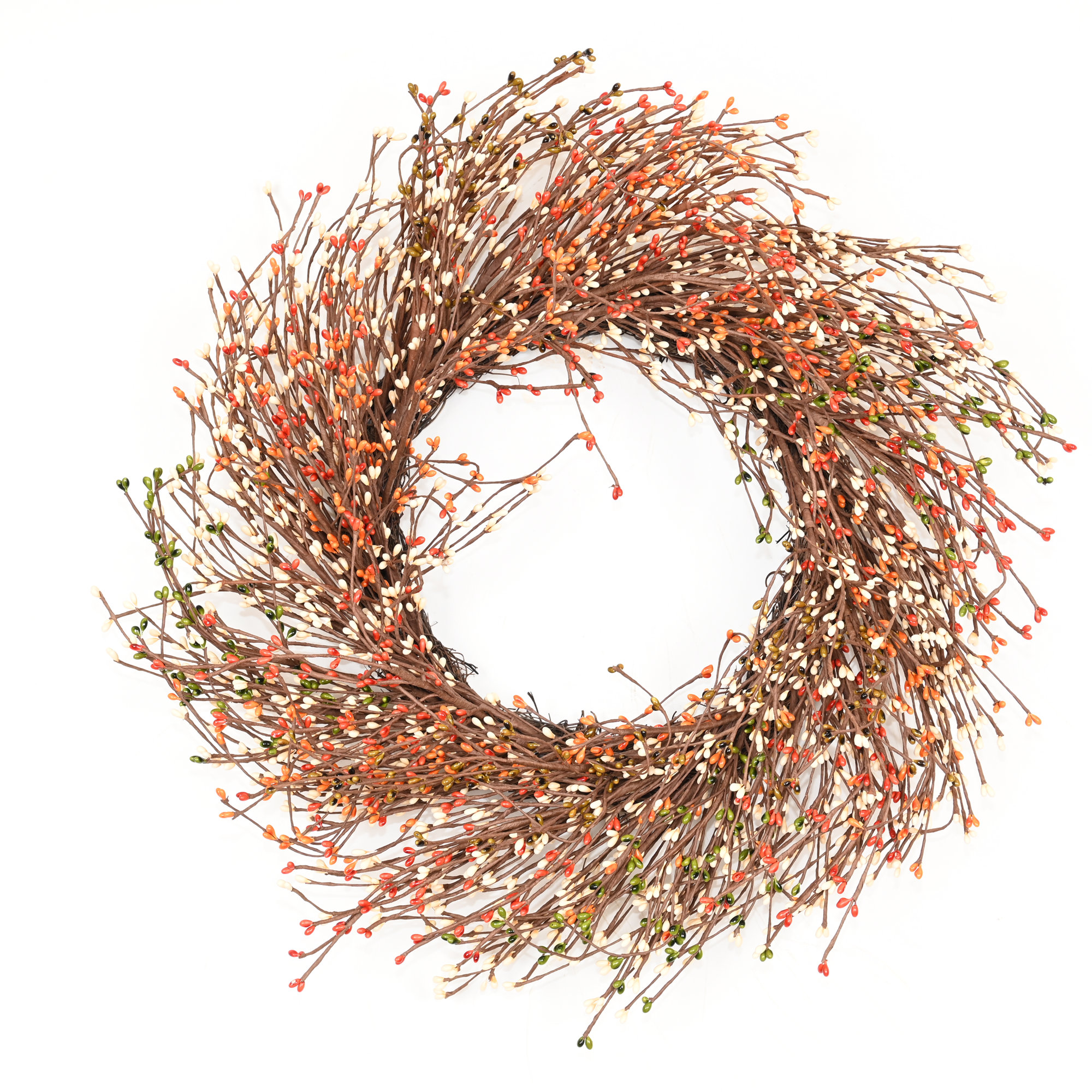 24" Artificial Farmhouse Twig Fall Harvest Blossoms Cluster Berry Thanksgiving Day Front Door Wreath, Orange