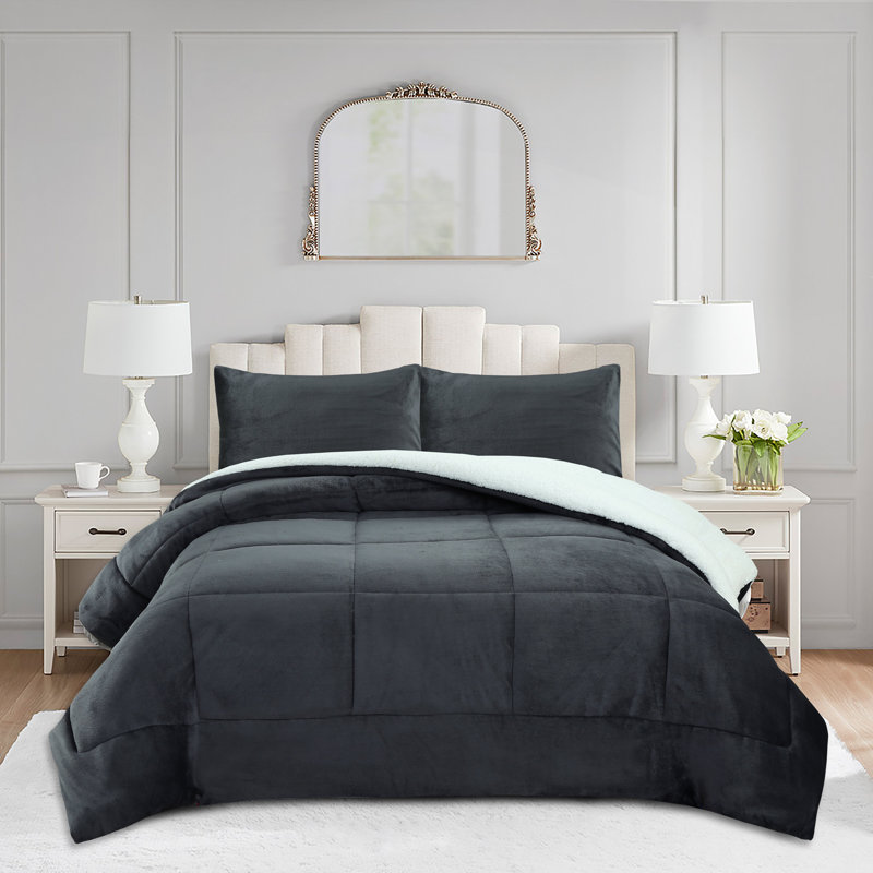 3-Piece Micromink Sherpa Comforter Set–Soft Fluffy Plush Comforter with 2 Pillowcases, King Comforter + 2 King Pillowcases