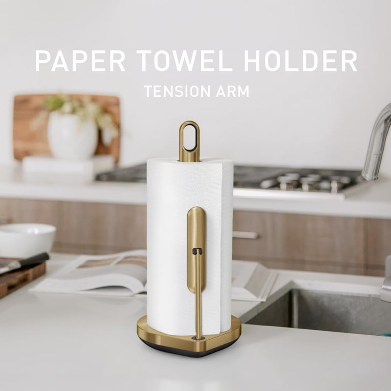 Porte-rouleau en papier essuie-tout de comptoir à bras tendu, ouverture facile d'une seule main, base lestée stable avec boucle pour le doigt, robuste, en laiton et acier inoxydable.