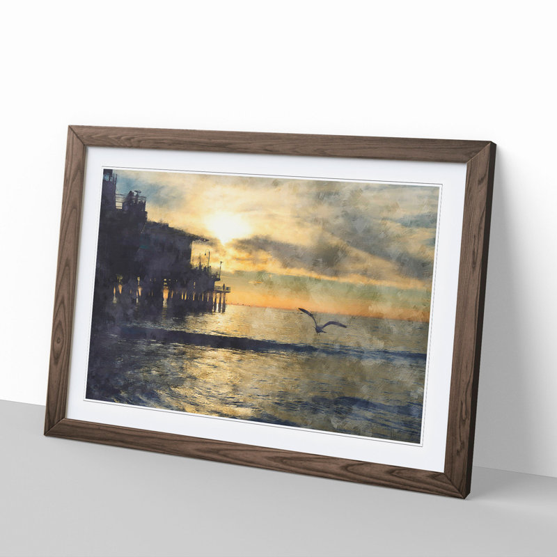 Seagull by the Pier - Picture Frame Graphic Art, 27cm H x 36cm W x 2cm D, Walnut Framed