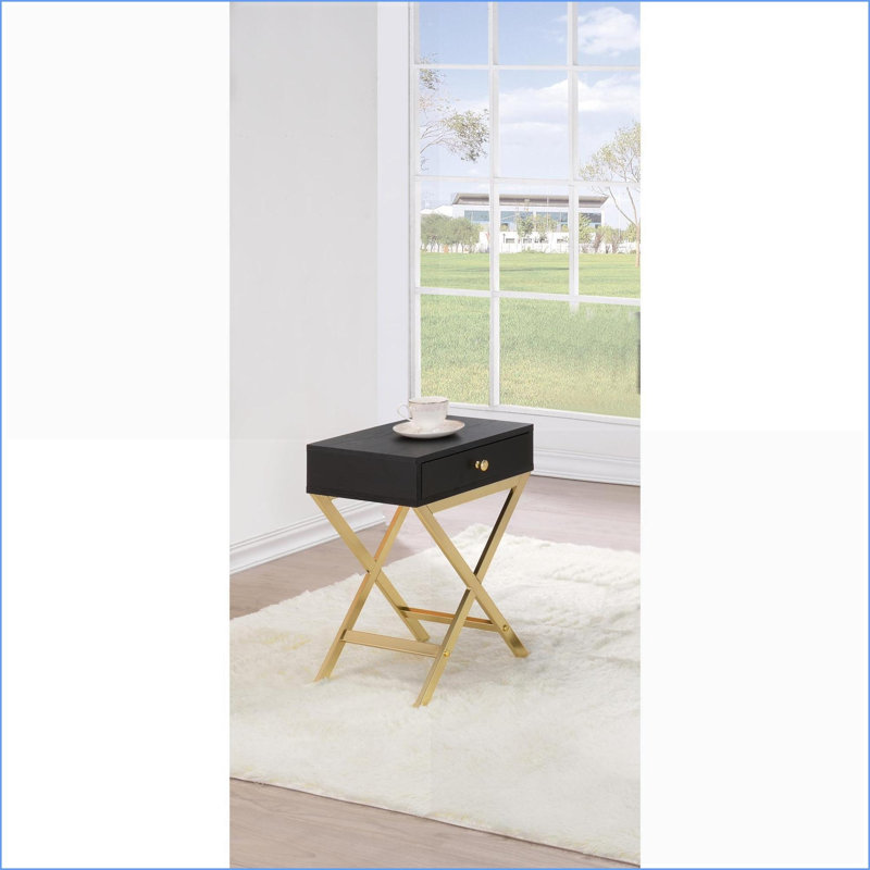 Table basse noire et laiton avec 1 tiroir, base en tréteaux en X pour le salon, peu encombrante et facile à assembler