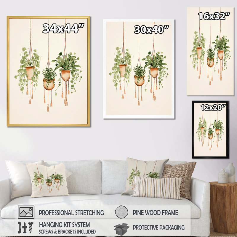 «Hanging Decorative Botanical Boho Plants I», reproduction sur toile, H 20 po x l 12 po x P 1 po, Cadre simple blanc