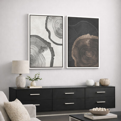 Tree Ring "Grey Wood Stump Abstract Neutral Artwork, Rustic Farmhouse Cabin Wall Pictures, Framed Canvas Giclee Print 2 Pieces Wall Art Set"  16x24x2 pcs, 24x36x2 pcs