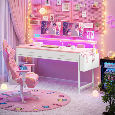 Small Computer Desk With 2 Drawers & LED Lights,Home Office Desks With Side Pocket And Monitor Stand