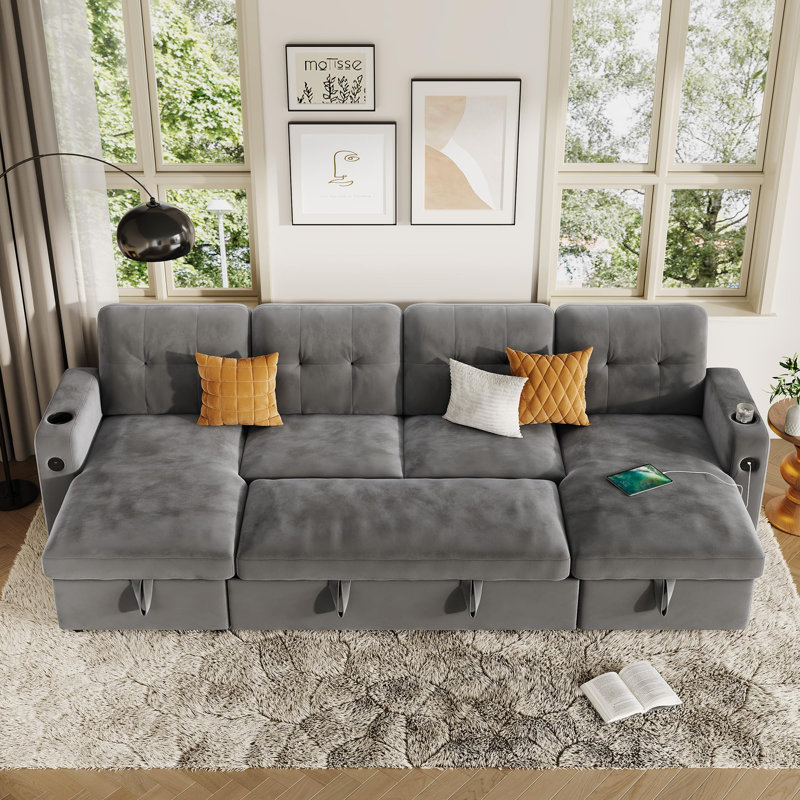  Canapé modulaire avec rangement, canapé-lit modulaire en nuage de 107 po, canapé en tissu de velours en forme de U avec charge USB et porte-gobelet pour salon, appartement, bureau