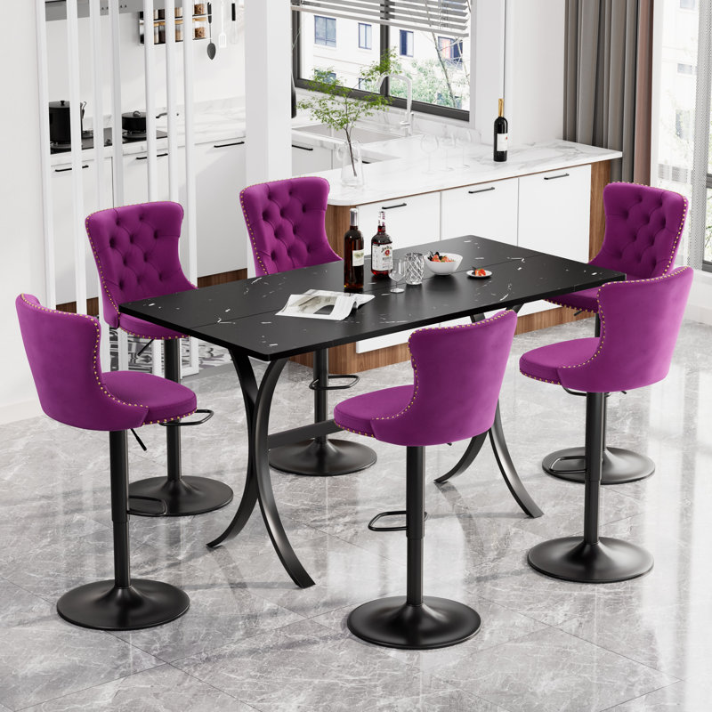 Ensemble de table de bar rotatif à hauteur réglable avec tabourets en velours Modern, 7 Pieces: Table, 6 Chairs, Mauve