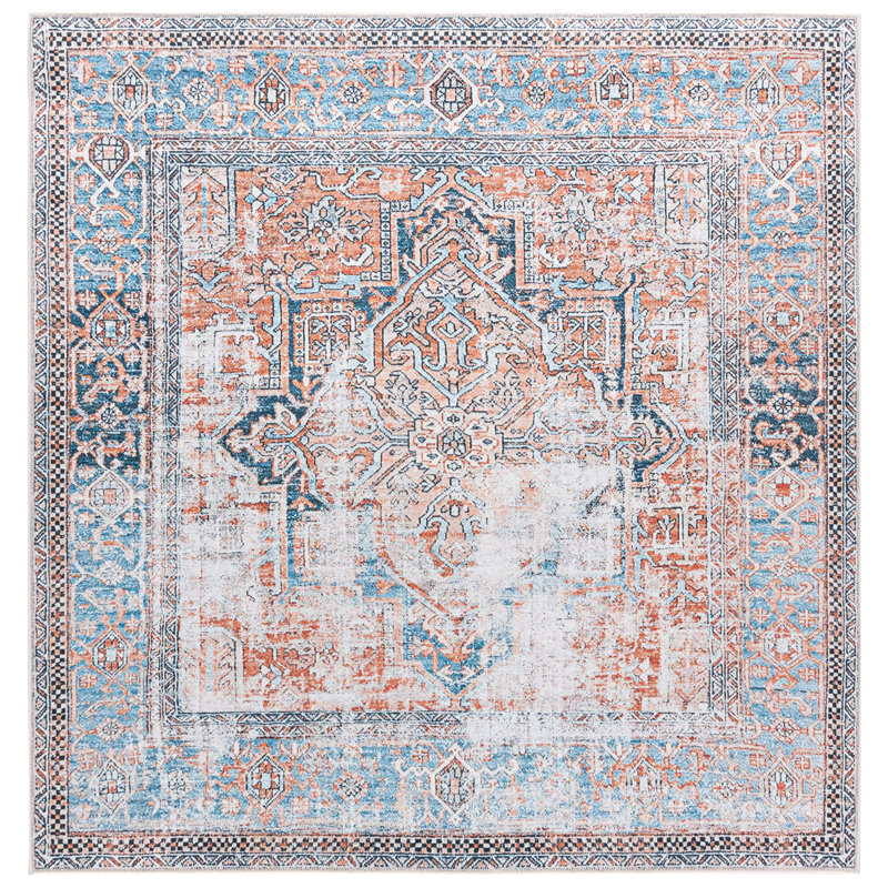 Vodeerick Orlando Felt/Velvet/Laminated Film Machine Washable Southwestern Rug in Orange/Blue, Square 6'7"