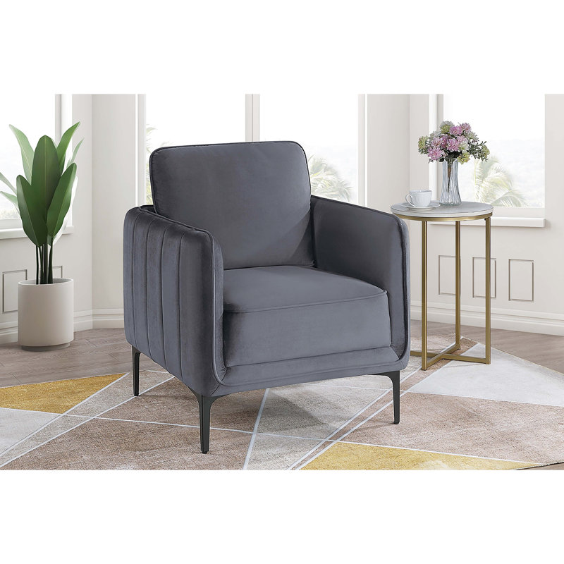 Chaise d'appoint grise 1pc avec pieds en métal en forme de L, coussin amovible, ressort en S et fibres, velours de décoration d'intérieur transitionnel, accoudoirs verticaux, base