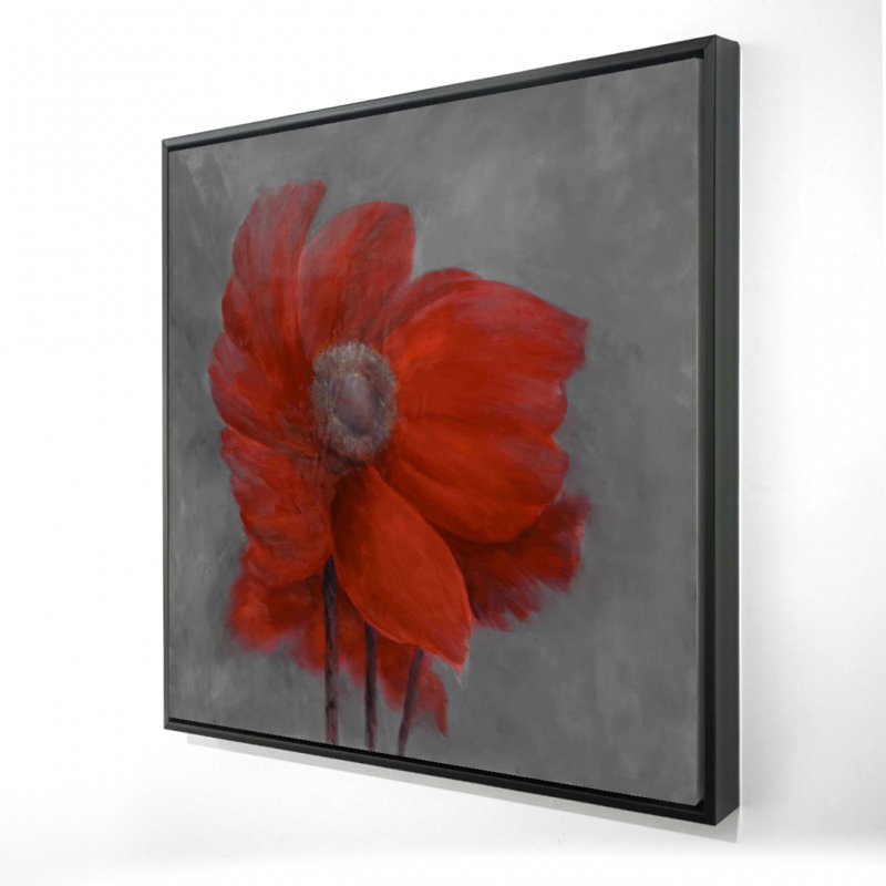 Red flower in the wind - Gray Office Framed Canvas Decor