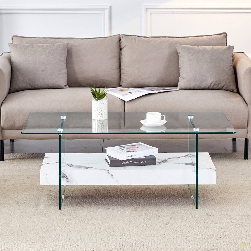 Table basse robuste de 43,3 pouces à double couche - plateau de table et pieds en verre Tempe, avec une capacité de charge de 250 livres, plateau de table en verre trempé avec plateau en verre Tempe