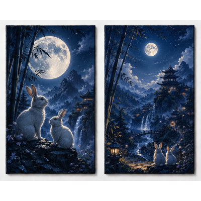 Grand ensemble de 2 reproductions d'art sur toile de lapin lune, impression de fantaisie de nuit japonaise pour chambre à coucher, impression sur toile 16 x 24 pouces - prête à être accrochée