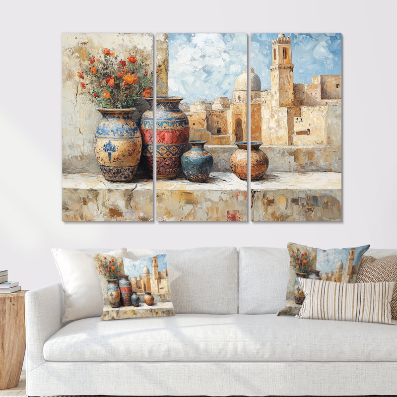 Casablanca Casablanca Pottery I - ensemble d'art mural de poterie marocaine, Toile tendue, H 40 po x l 60 po x P 1 po