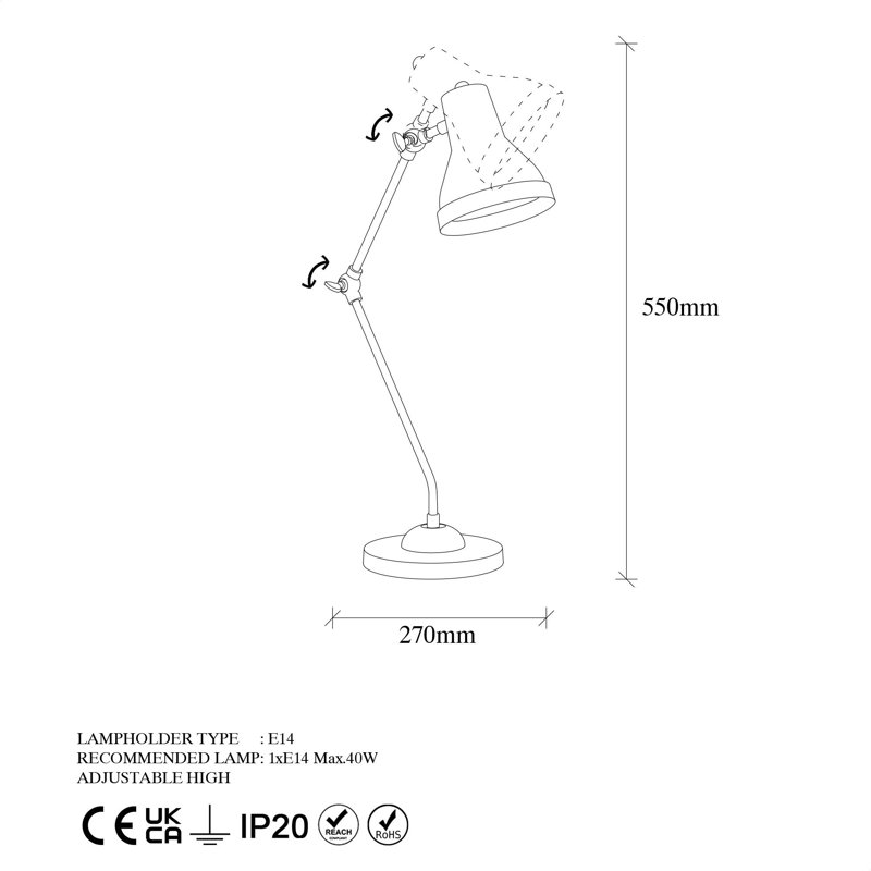 Lampe de table industrielle Adesha, corps en cuivre, 6,3 x 10,6 x 21,7 pouces | Douille E14, 40 W maximum, IP20 | Capuchon et plaque de base en métal durable, diamètre de 10,6 pouces | Éclairage élégant pour la décoration de la maison et du bureau