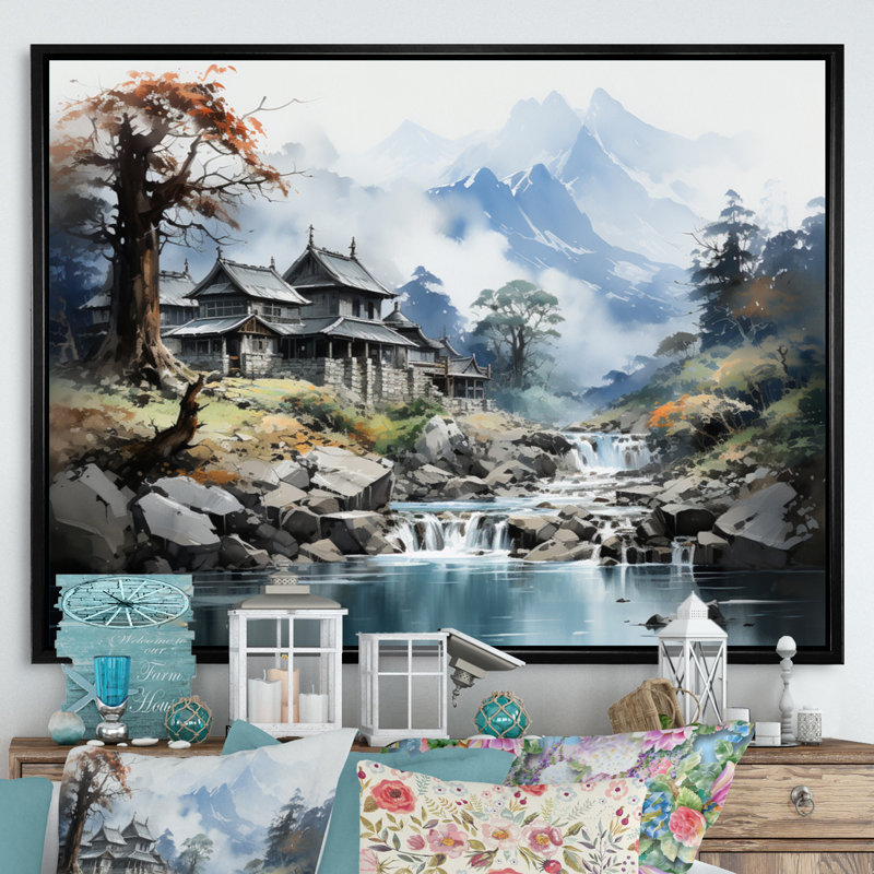 Bernest China Art Misty Mountain sur toile, H 34 po x l 44 po x P 1,5 po, Cadre flottant noir