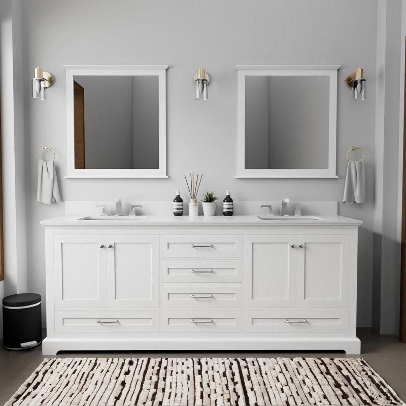 Dukes 80"  Double Vanity, Square Sinks And 30" Mirrors W/ Faucets, White, White Quartz