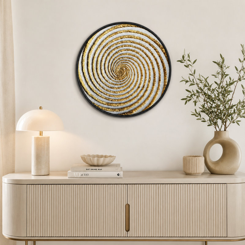  Panneau décoratif rond en spirale abstraite, cadre doré blanc avec couvercle en acrylique, 19.7" H x 19.7" W
