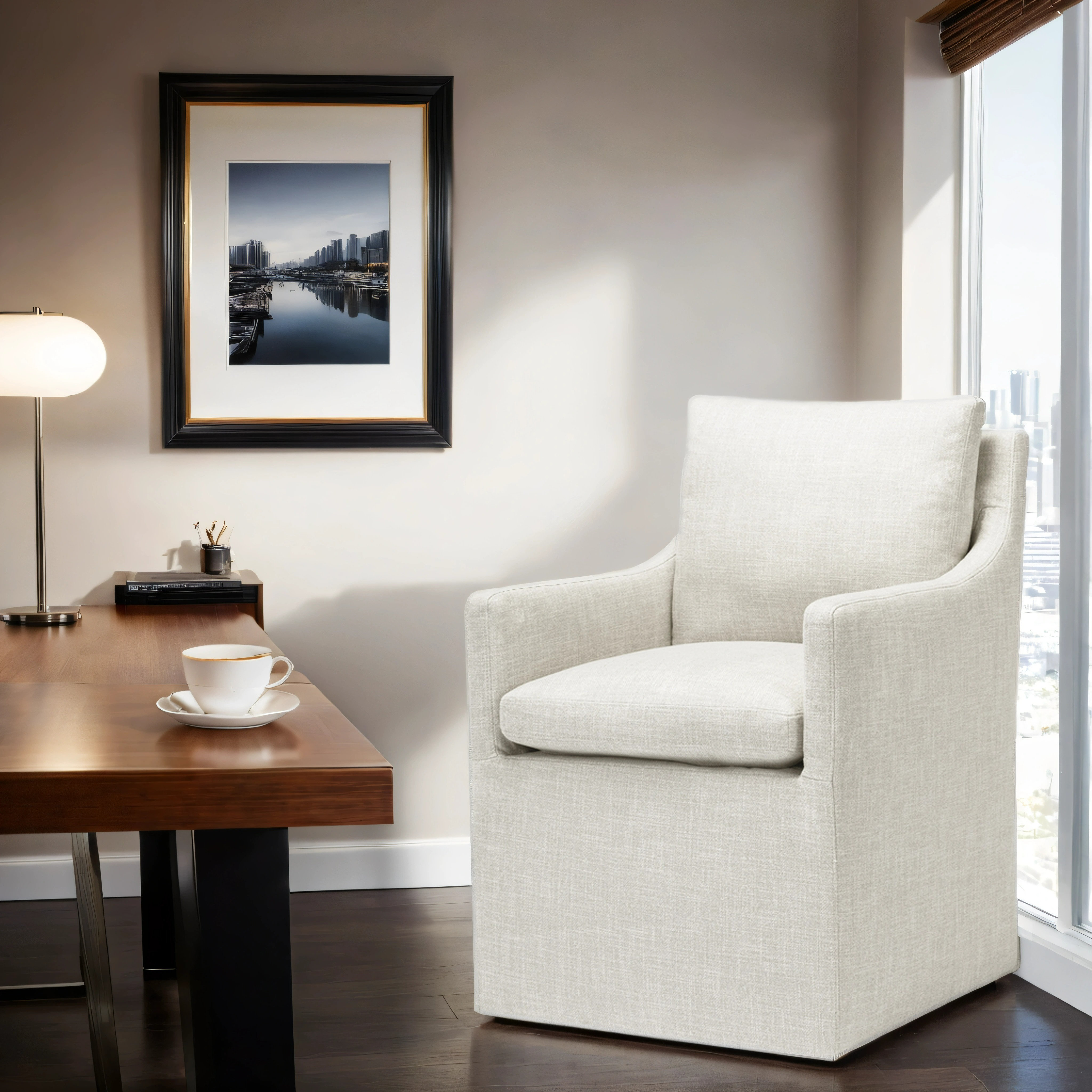 Red Barrel Studio® 25" Wide Linen Upholstered Down Fill Mid-Century Modern Home Office Casters Extra Seat Padding Desk Chair & Reviews | Wayfair