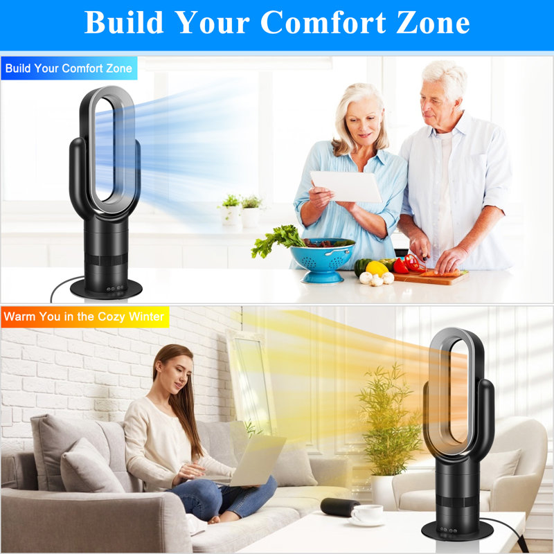 Oscillating Bladeless Tower Fan and Heater Combo Remote Control 10 Speeds 9H Timer Adjustable Tilt