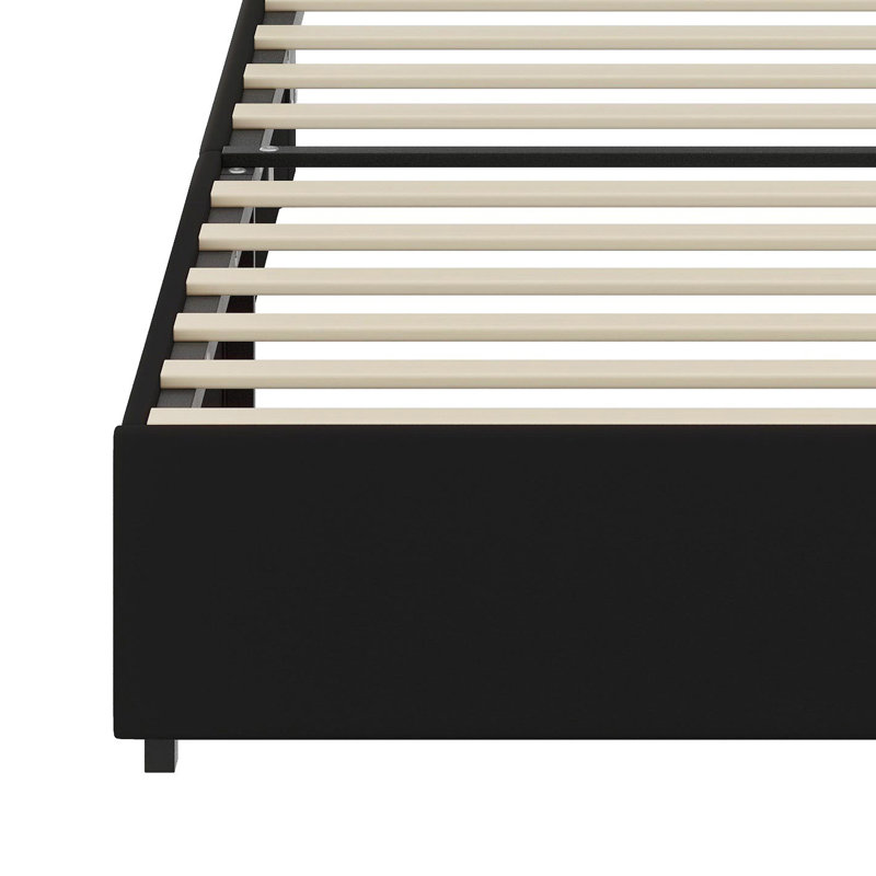 Soft Upholstered Bed Frame Featuring a Tall Wing-Back Headboard with Rivet Details, Built-in Shelving, USB Port, and Ambient Lighting