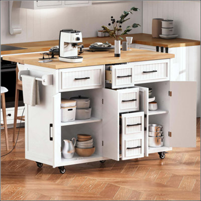 Kitchen Island With Drop Leaf, Power Outlet, Embossed Vertical Stripe Rolling Kitchen Cart On Wheels With 4 Doors , 5 Deep Drawers And Adjustable Shelves, For Kitchen, Dining Room