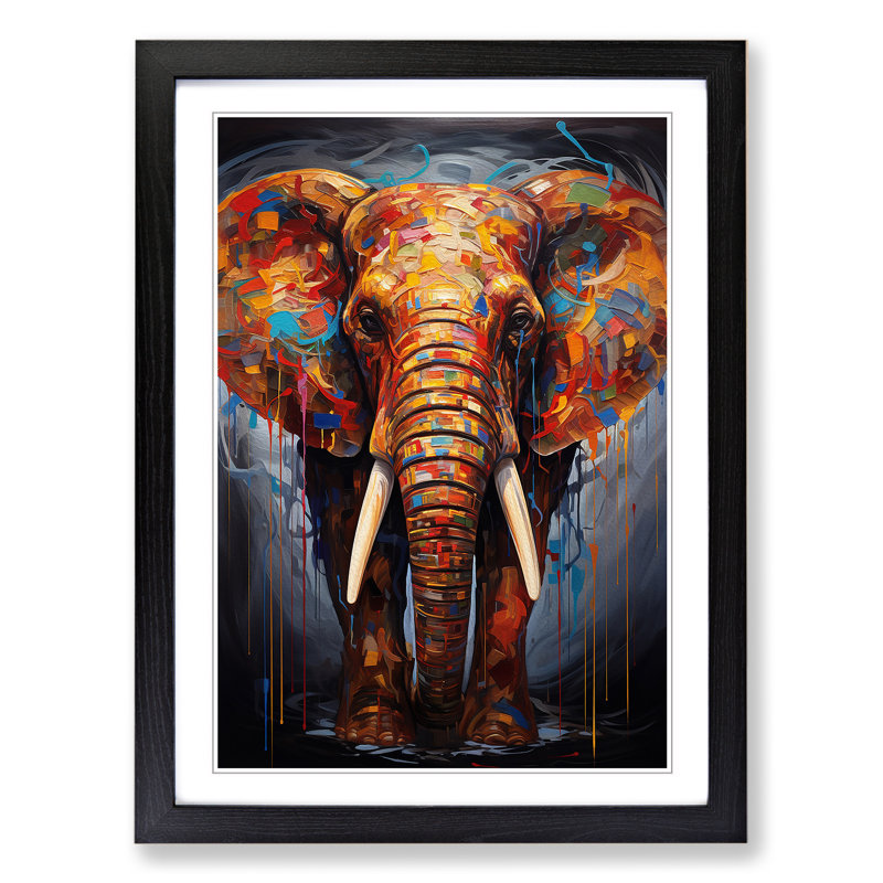 Elephant Modern - Single Picture Frame Print on Wood, 46cm H x 34cm W, Black Framed