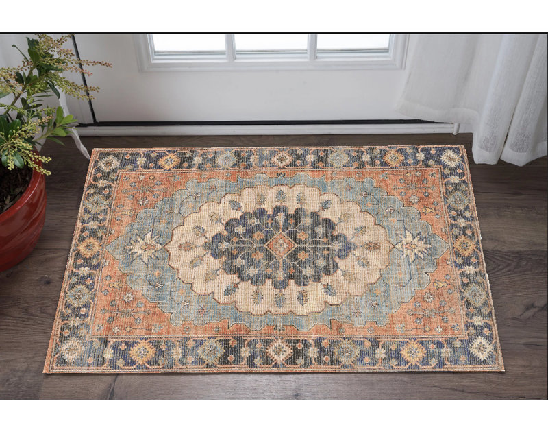 Tapis bleu tissé à la main Medallion, Rectangle 3 pi x 5 pi