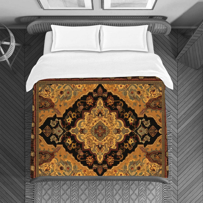 Machine Printed Duvet Cover, Gold/Beige Oushak, Queen Duvet Cover