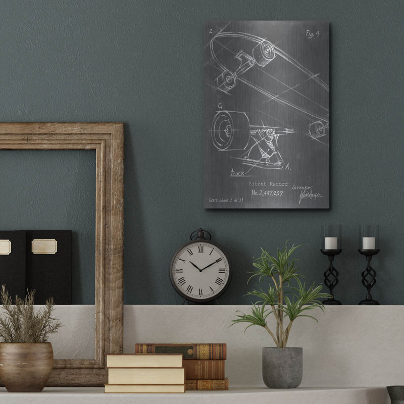 «Skateboard Blueprint 1» par Ethan Harper, art mural en métal, H 16 po x l 12 po