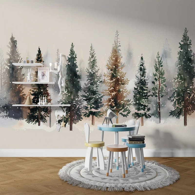 Hiver, aquarelle, forêt de pins, L 108 po x l 96 po