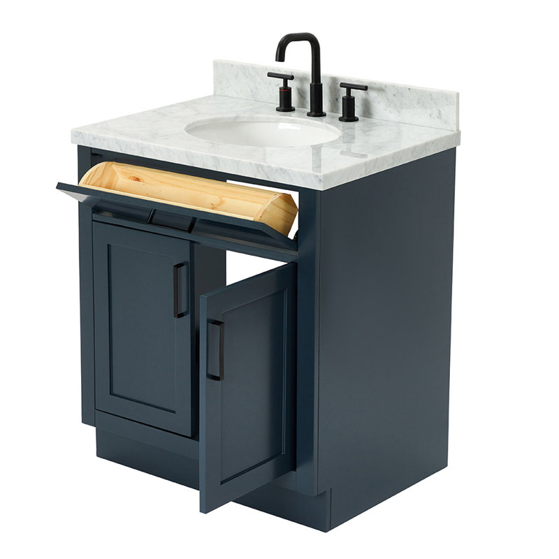 Meuble-lavabo simple en bois massif 30 po avec plateau en marbre de Carrare 1,5 po Tidworth, Bleu minuit / noir mat, Ovale