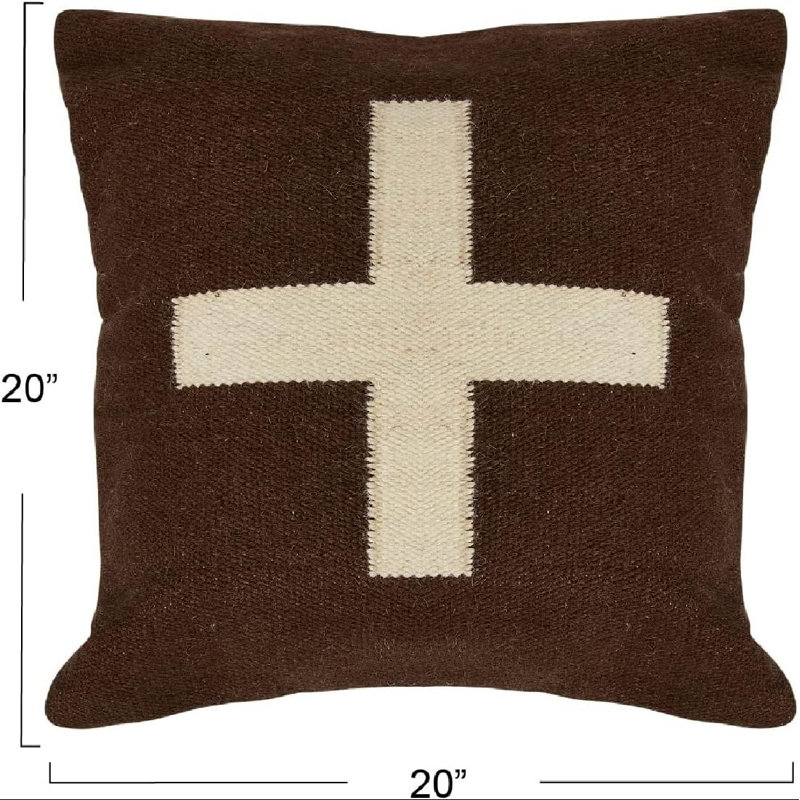 Swiss Cross Cotton Wool Throw Pillow, Brown/Cream