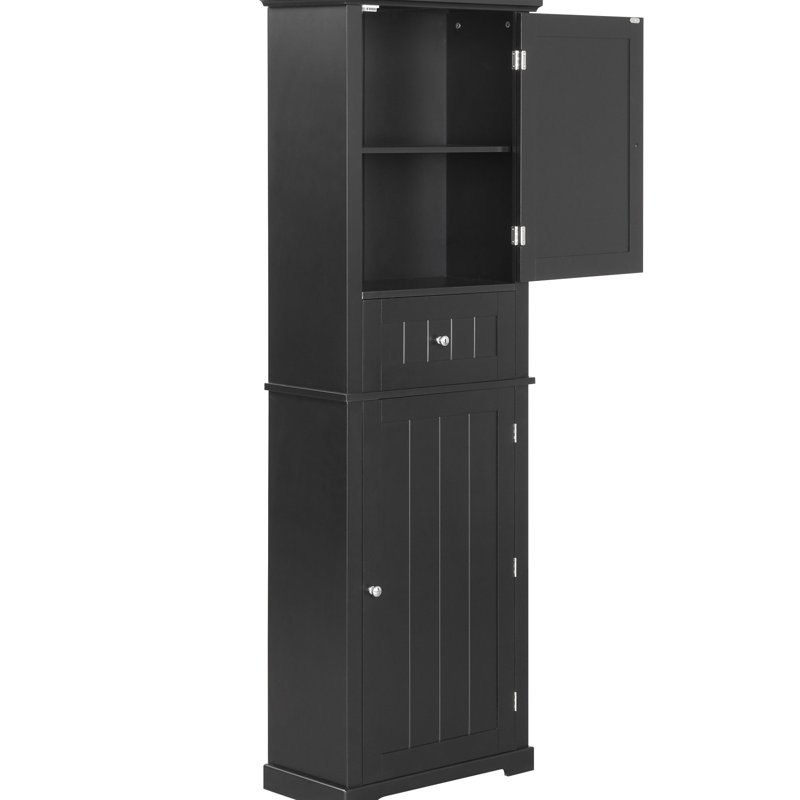 Armoire de salle de bain haute noire avec tablette réglable et tiroir inférieur central