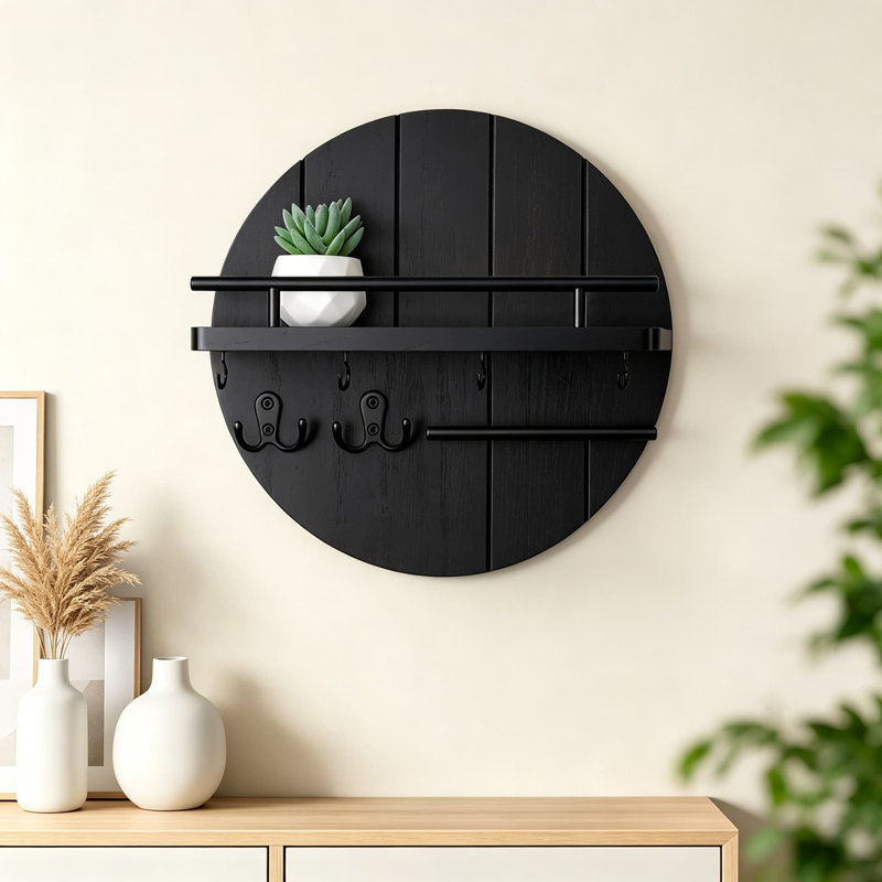 Porte-clés mural avec tablette, organisateur de courrier en bois pour le vestibule, porte-clés rond rustique avec crochets, porte-clés décoratif pour couloir et cuisine