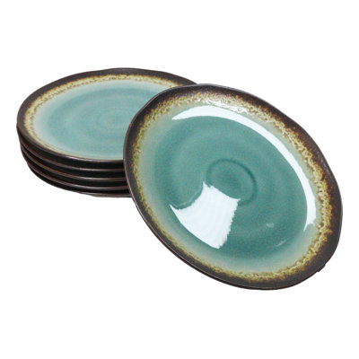 Pack Of 6 Crackle Green Midori Kannyu Ceramic Wavy Round Dinner Plates 11" D
