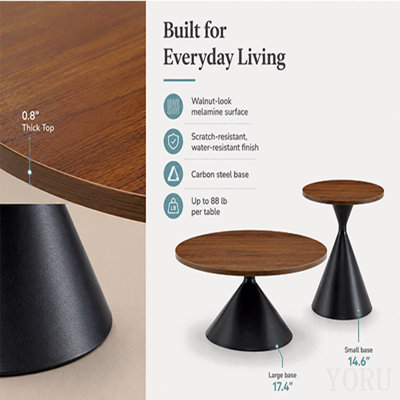 2-Piece Coffee Round Table Set, Walnut Patterned Tabletop With Steel Base, Multifunctional Fashionable Coffee Table (Black+Walnut)